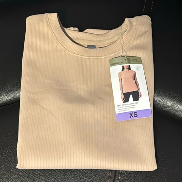 Mondetta Ladies' Soft Ribbed Short Sleeve Active Top, New Taupe (Tan) X-Small - Picture 1 of 11